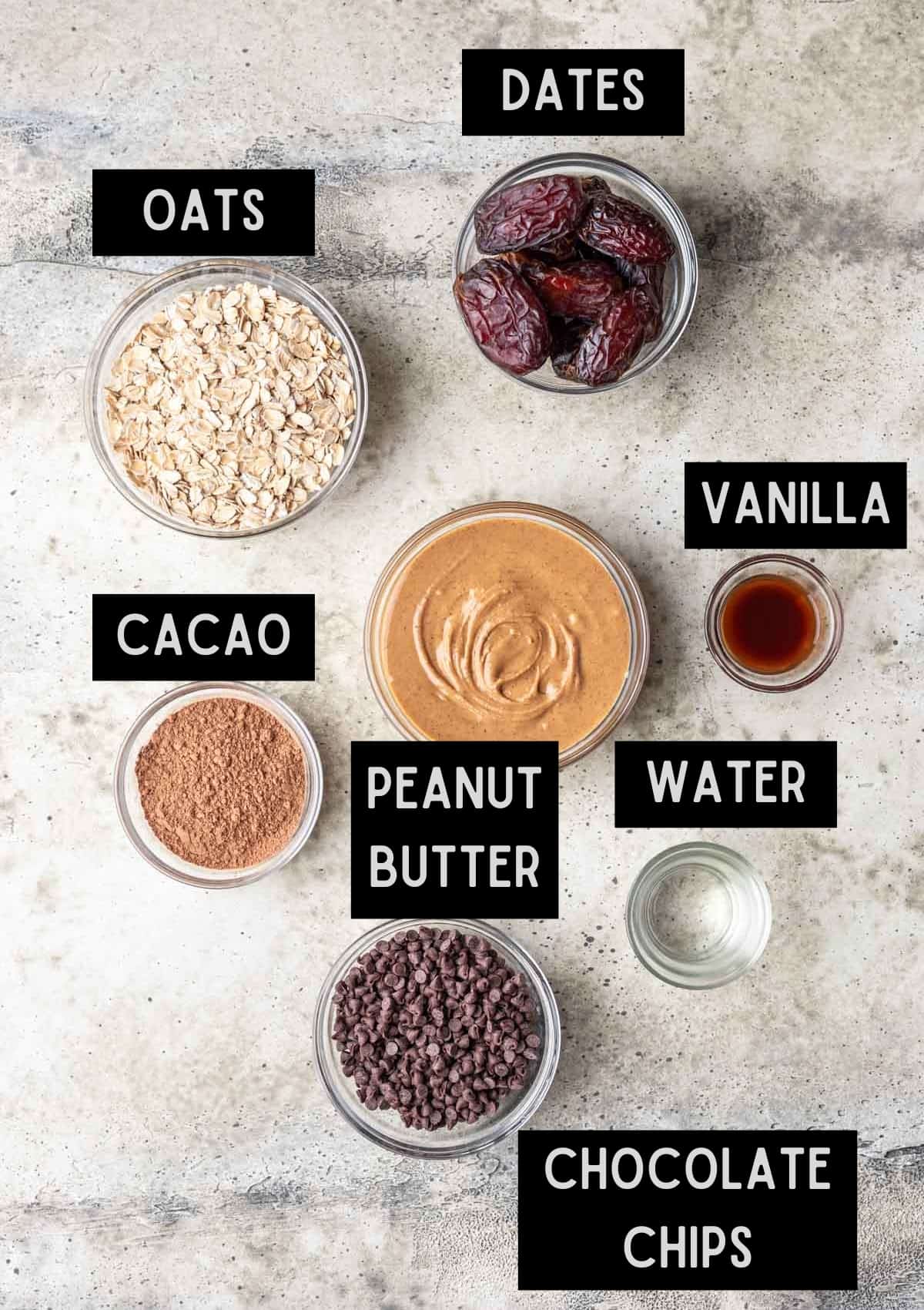 Labelled ingredients for date balls (see recipe for details).