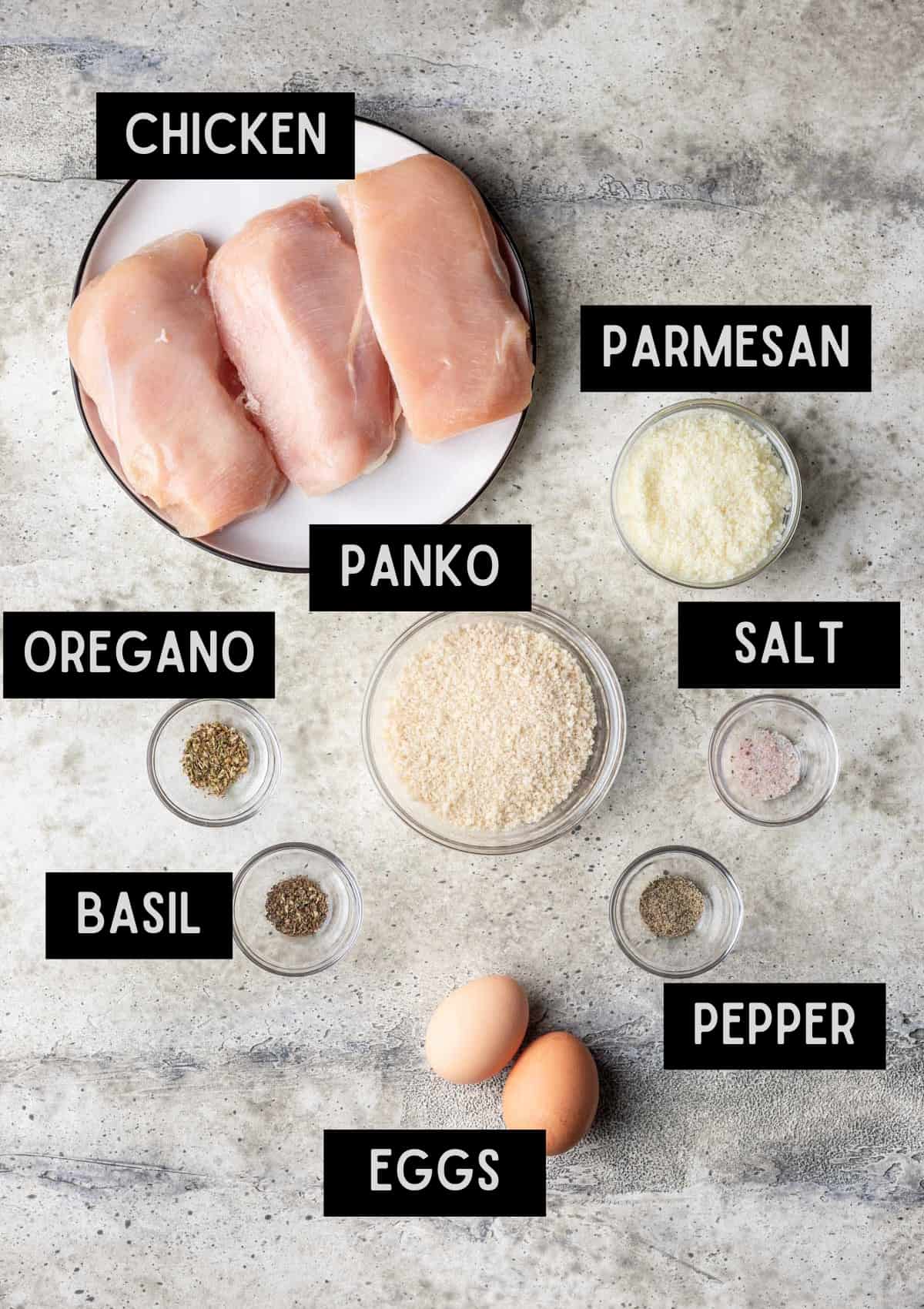 Labelled ingredients for panko chicken (see recipe for details).