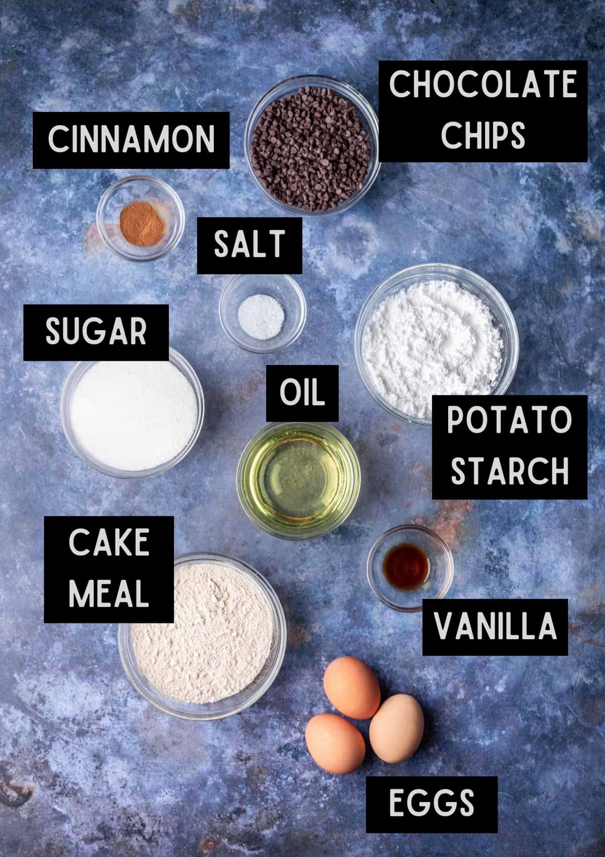 Labelled ingredients for kosher for passover mandel bread (see recipe for details).