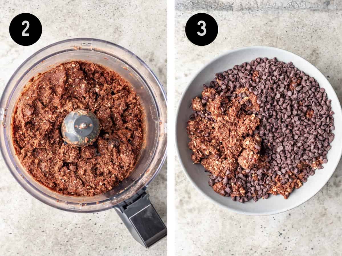 Date mixture in a food processor. Then in a mixing bowl with chocolate chips on top.