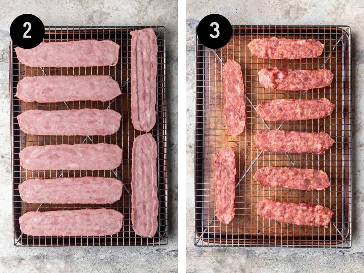 Turkey bacon on a baking sheet before and after cooking.