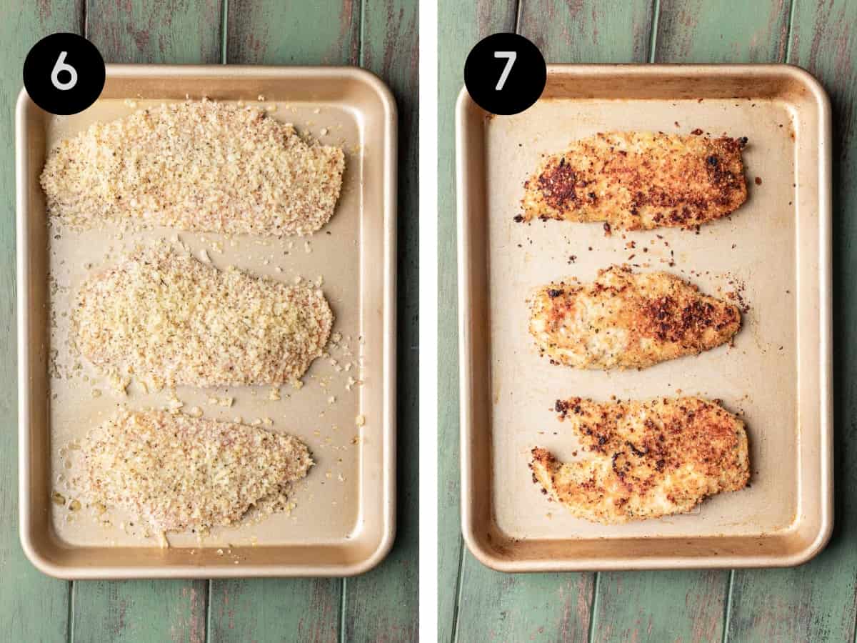 Panko coated chicken breasts before and after baking.