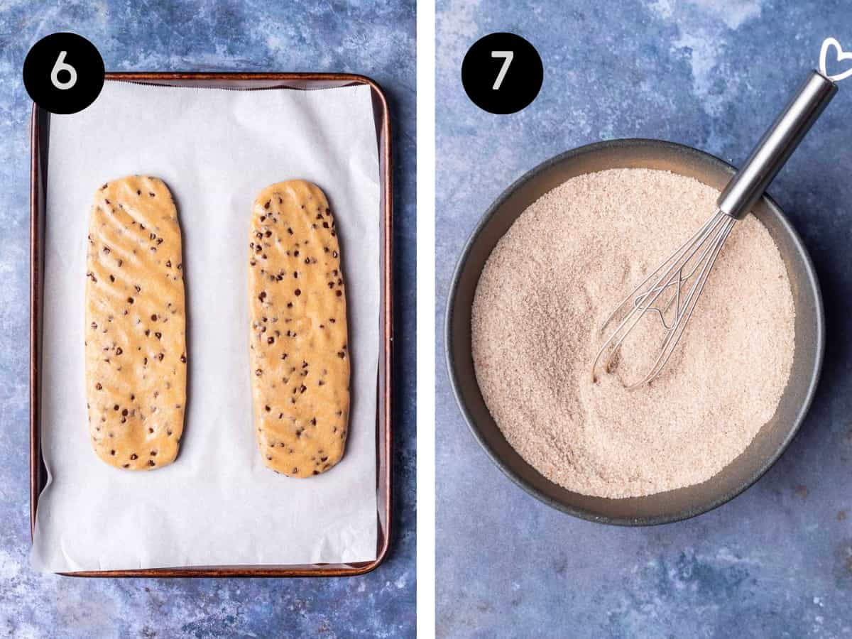 Mandel bread dough split into 2 loaves on a sheet pan. Cinnamon sugar topping mixed together in a bowl.