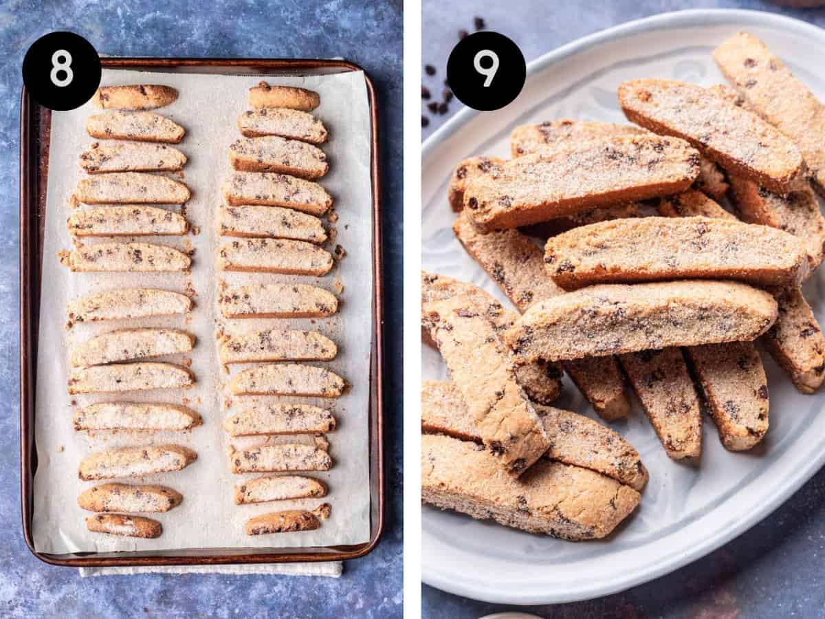 Mandel bread cut into thin pieces. Then, sprinkled with cinnamon sugar and baked until golden.