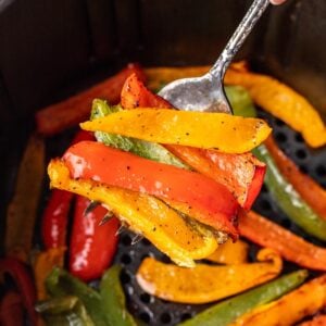 Air fryer bell peppers on a fork.