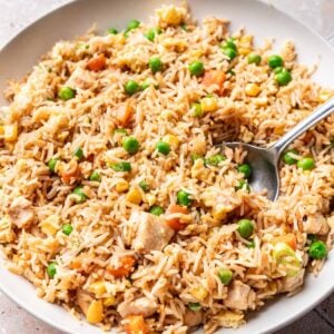 Instant pot chicken fried rice in a serving bowl.