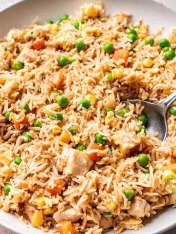 Instant pot chicken fried rice in a serving bowl.