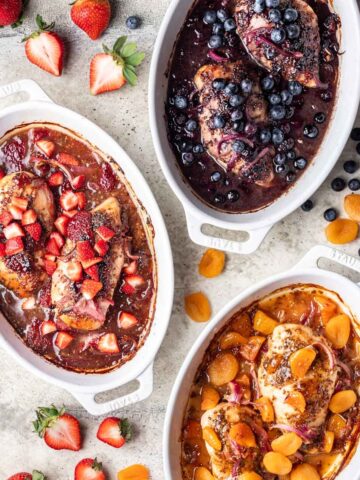 3 different flavors of baked jelly chicken in white baking dishes.