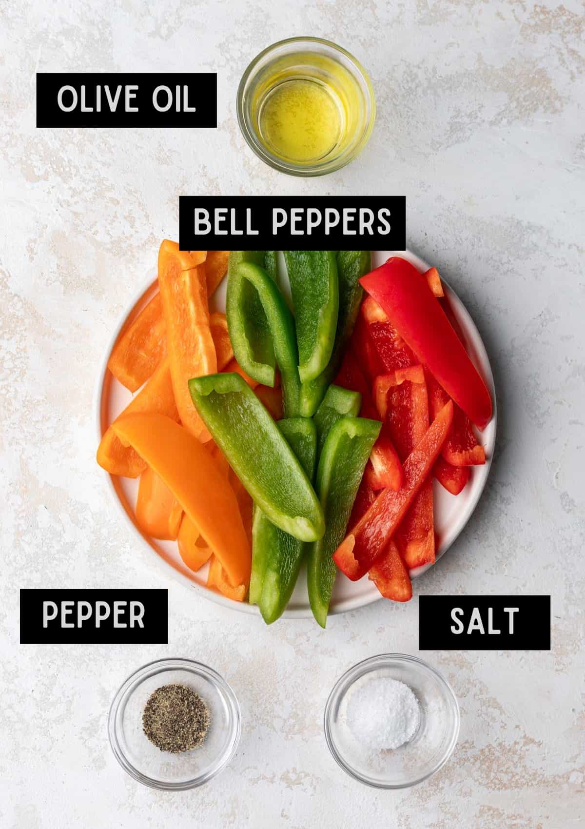 Labelled ingredients for air fryer bell peppers (see recipe for details).