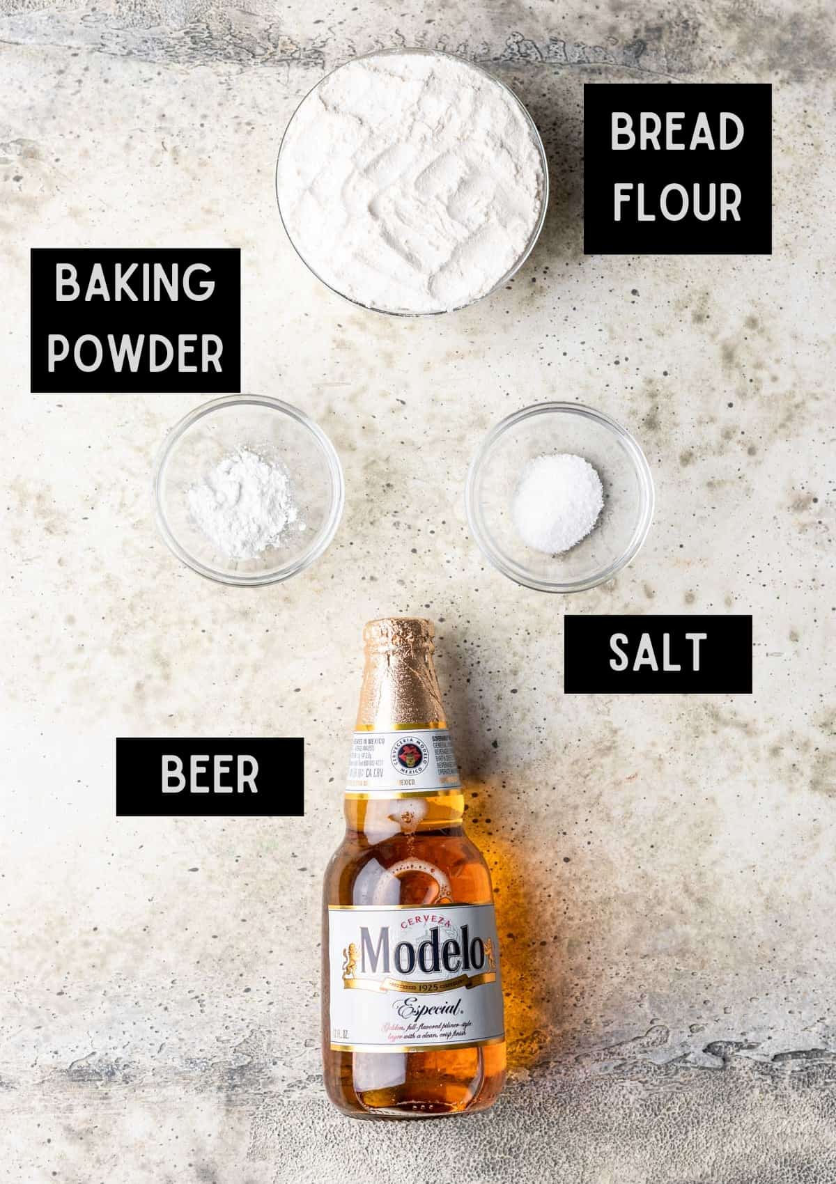 Labelled beer pizza dough ingredients (see recipe for details).