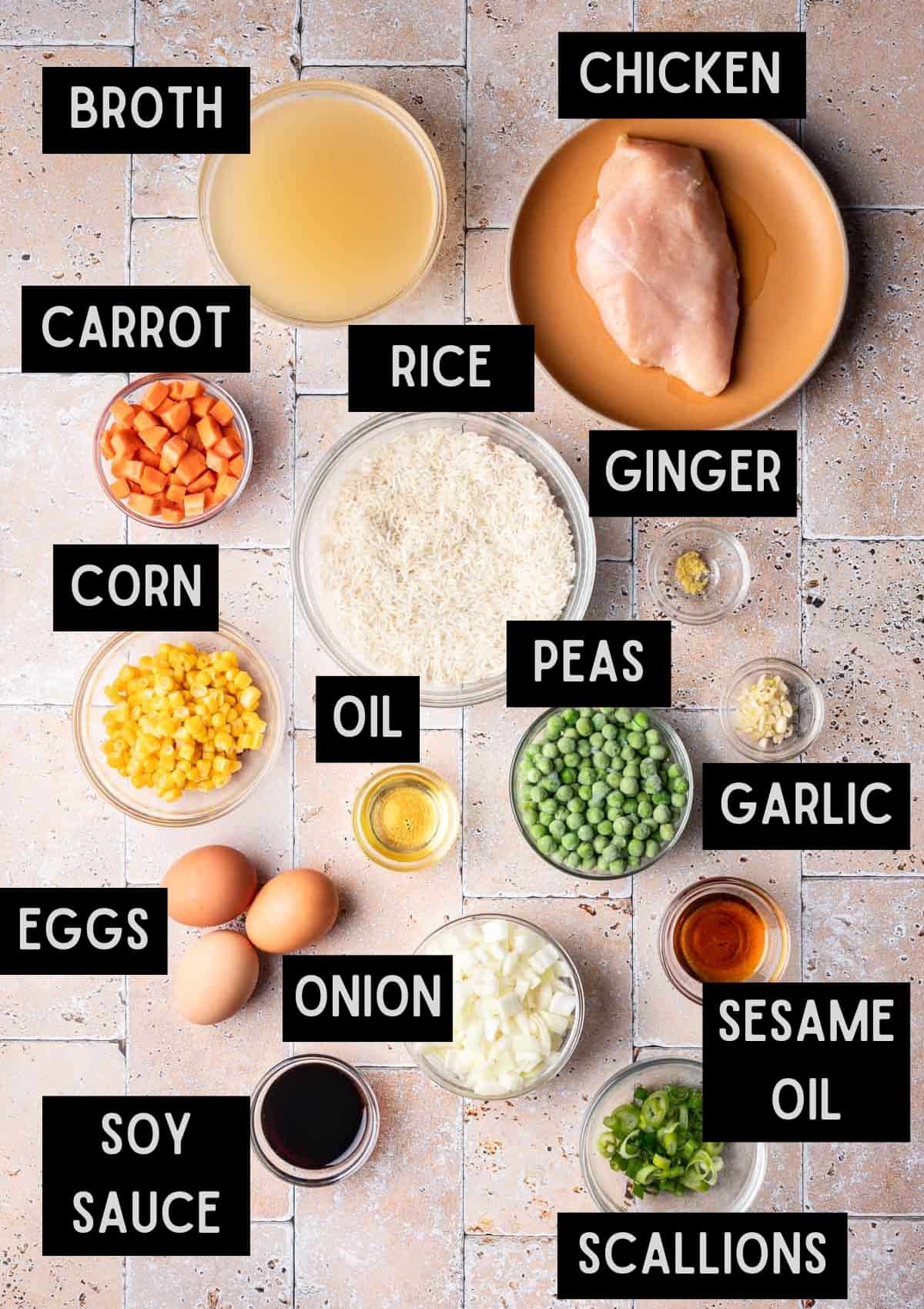 Labelled ingredients for instant pot chicken fried rice (see recipe for details).