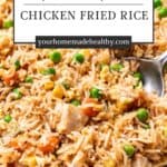 Pin graphic for instant pot chicken fried rice.