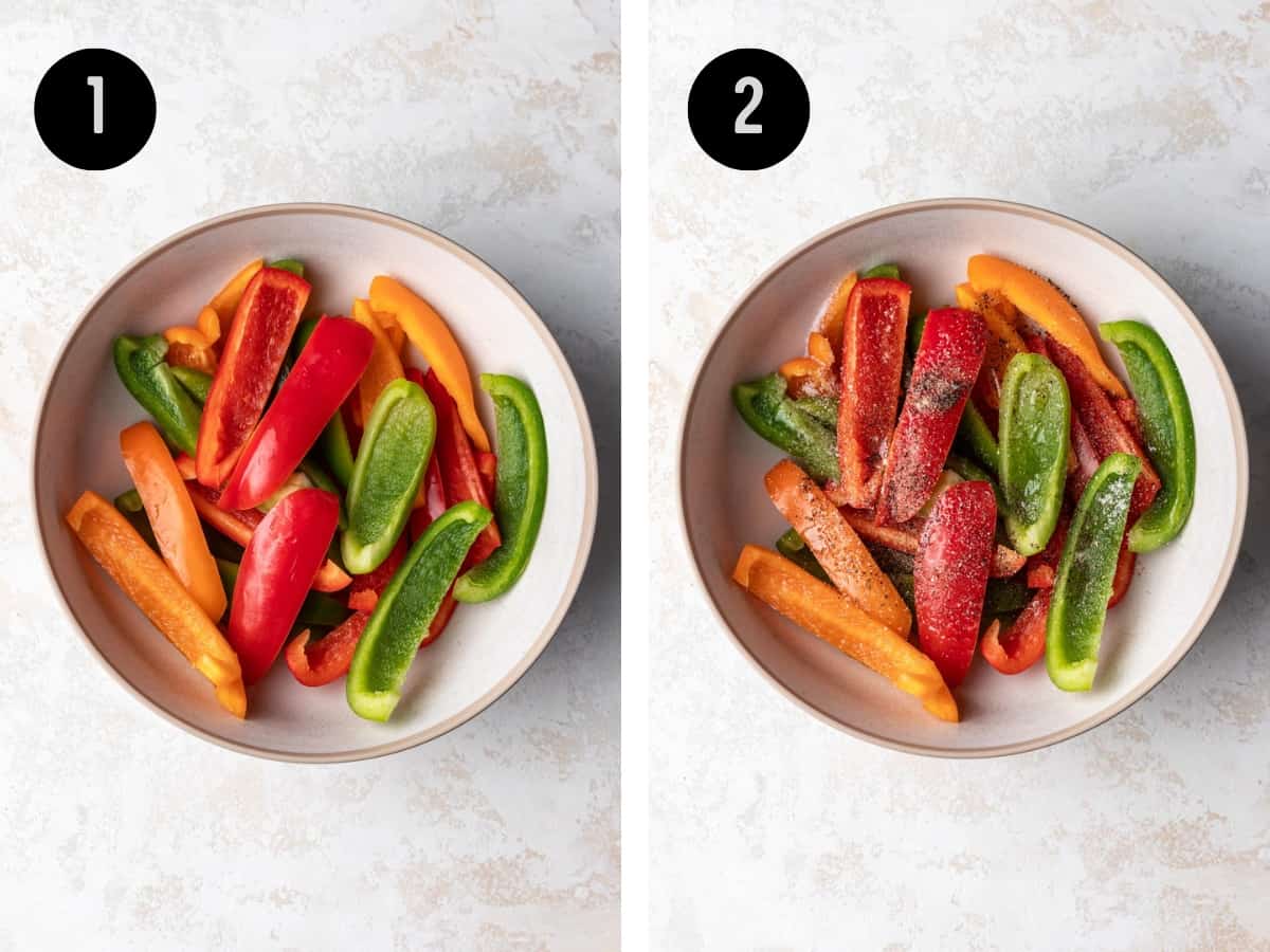 Sliced bell peppers in a bowl. Then seasoned with salt, pepper, and oil.