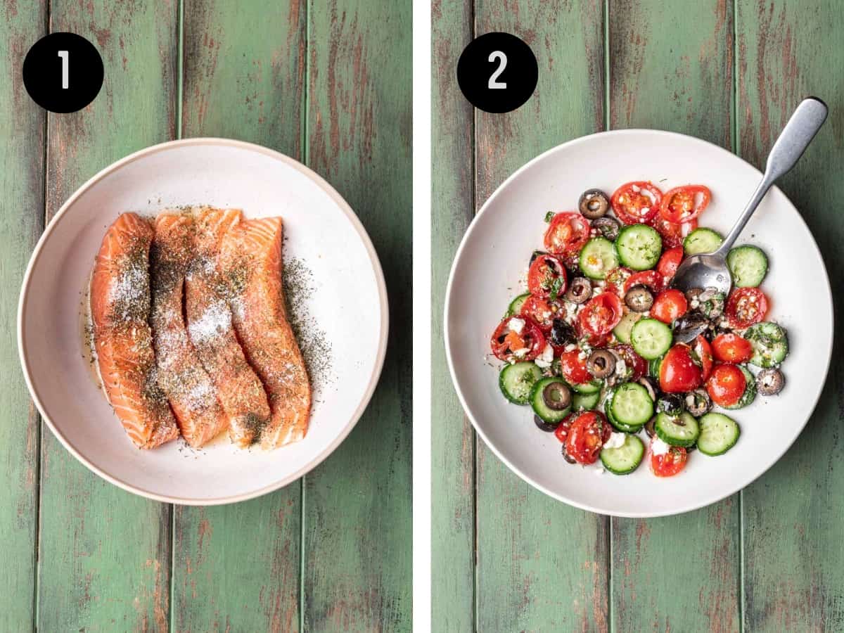 Salmon seasoned in a bowl. Tomato and cucumber salad mixed together in a bowl.