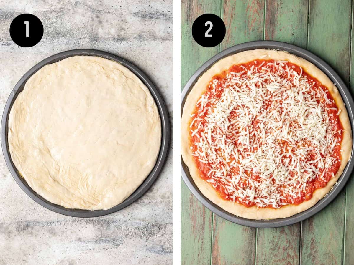 Par baked beer pizza dough on a pizza pan. Then pizza dough topped with sauce and cheese.