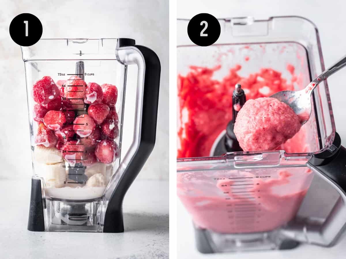 All ingredients added to a blender. Spoon scooping smoothie out of a blender to show its thickness.