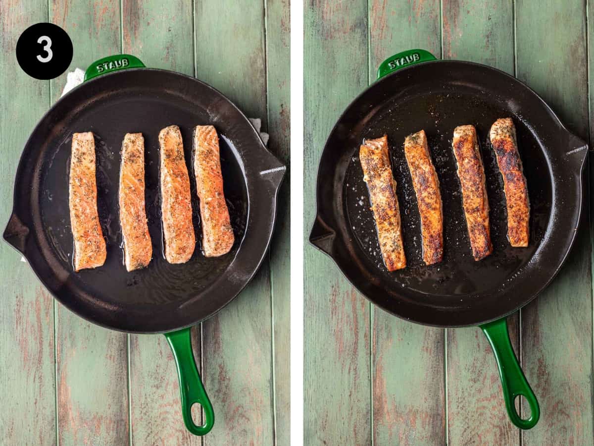 Salmon cooked in a skillet until browned.