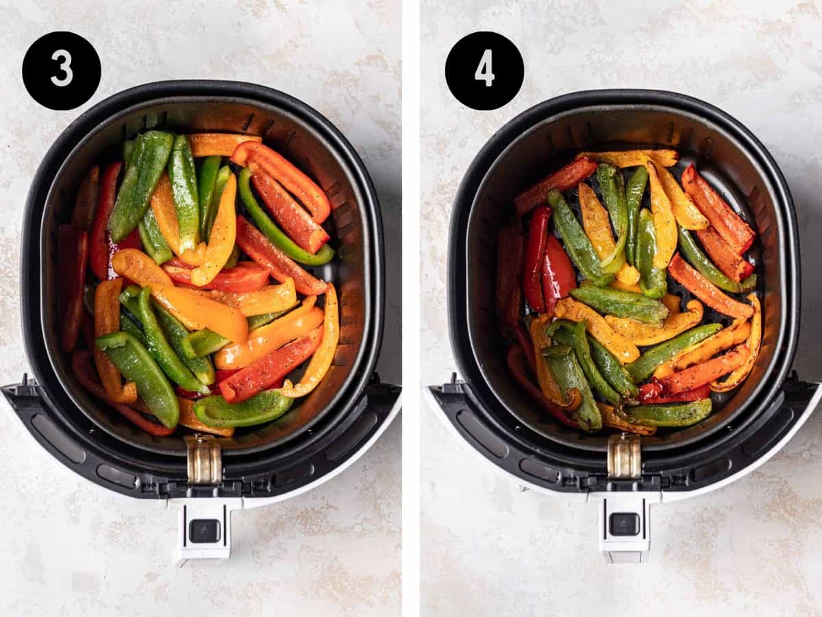 Sliced bell peppers in an air fryer before and after cooking.