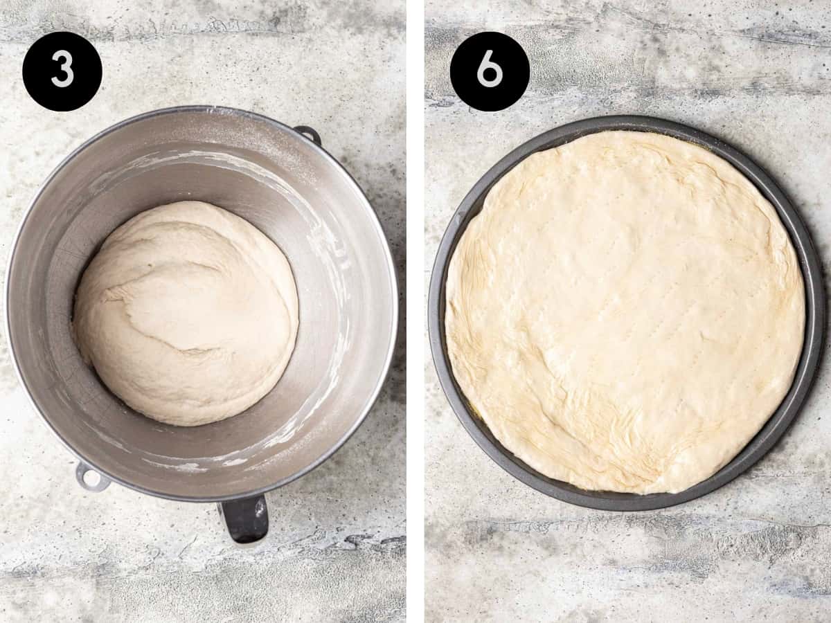 Beer pizza dough mixed in a bowl. Then, spread out on a pizza pan.