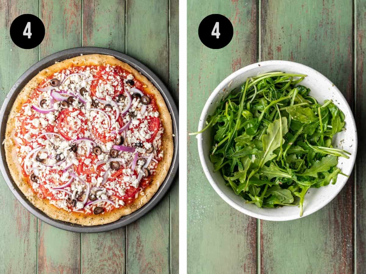 Oil brushed on the crust of the pizza. Arugula in a bowl.