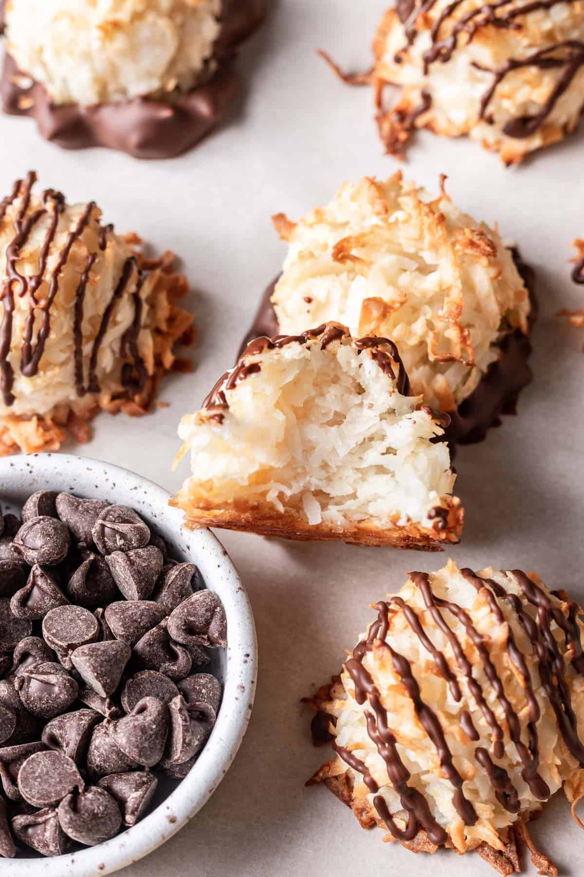 Coconut macaroons without condensed milk with a bite taken out.