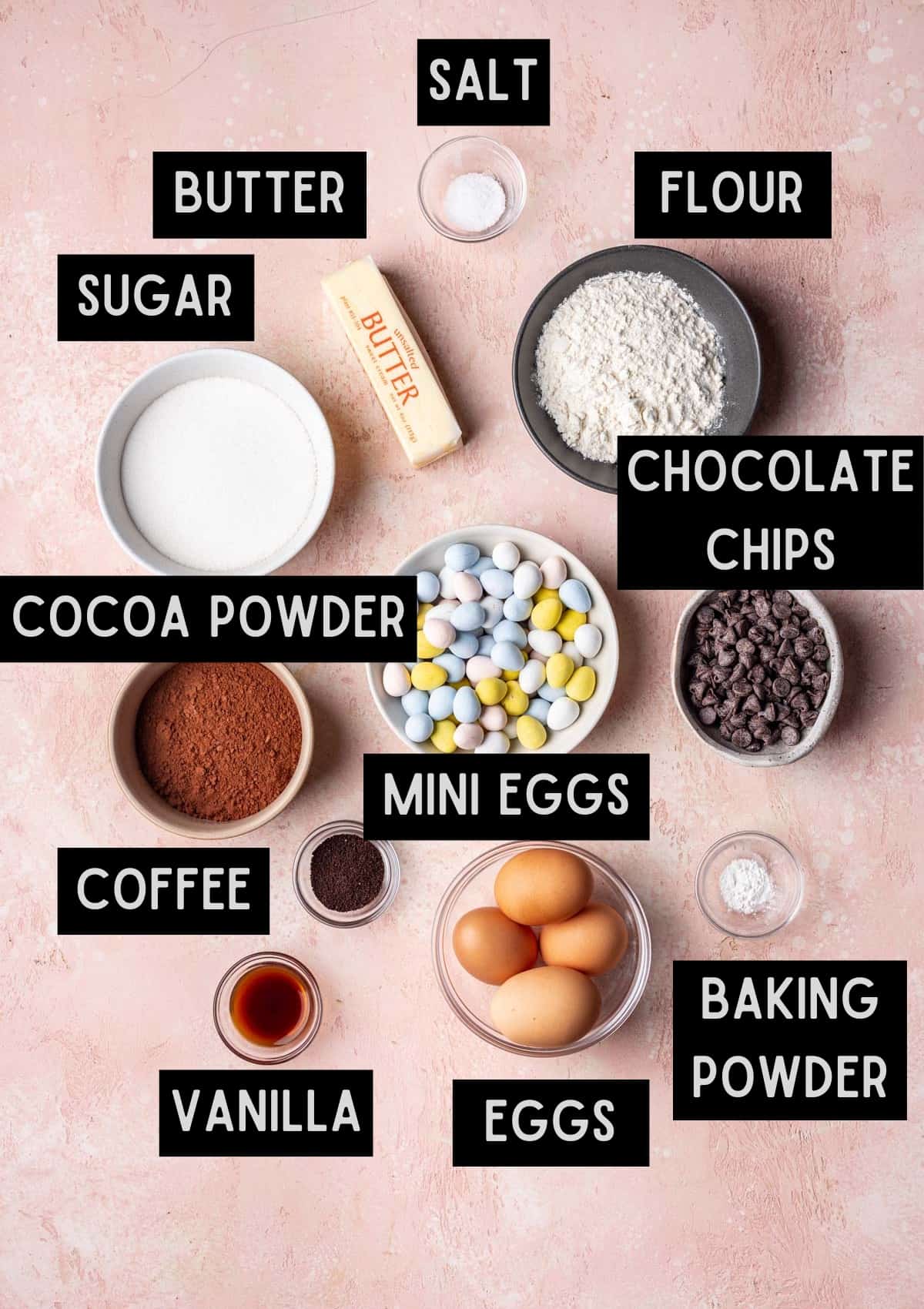 Labelled ingredients for mini easter egg brownies (see recipe for details).