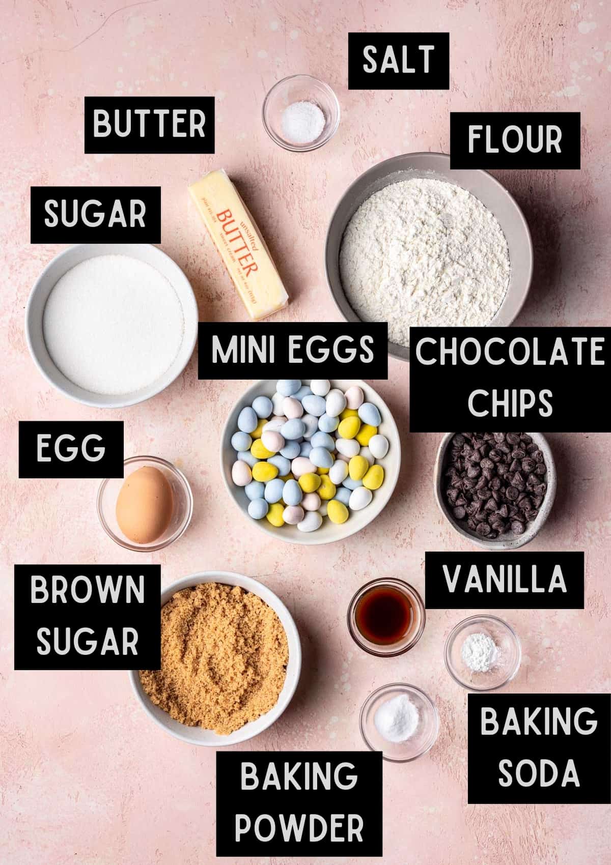 Labelled ingredients for mini easter egg cookies (see recipe for details).