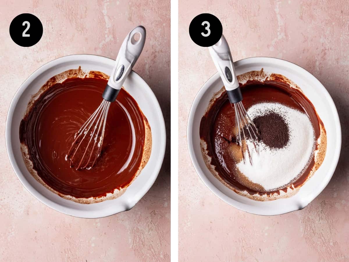 Melting chocolate and butter in a mixing bowl. Then, adding sugar, coffee, and vanilla to it.