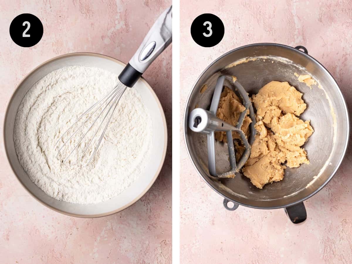 Whisking dry ingredients together in a bowl. Creaming sugar and butter together in a mixing bowl.