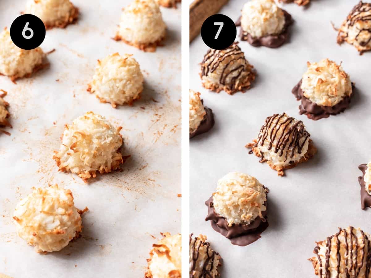 Coconut macaroons on a baking sheet after baking, then drizzled with chocolate on top.
