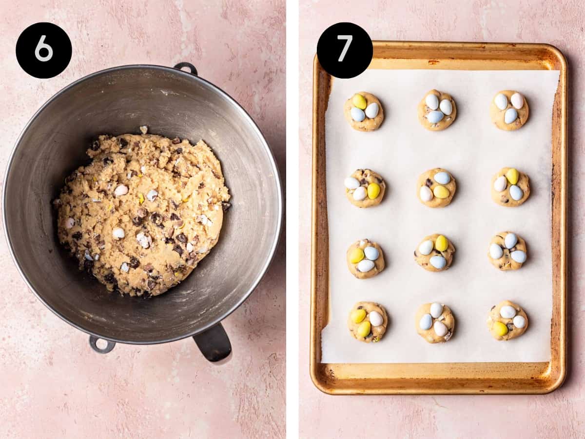 Crushed mini eggs added to cookie batter. Then, batter scooped into 12 balls on a cookie sheet.