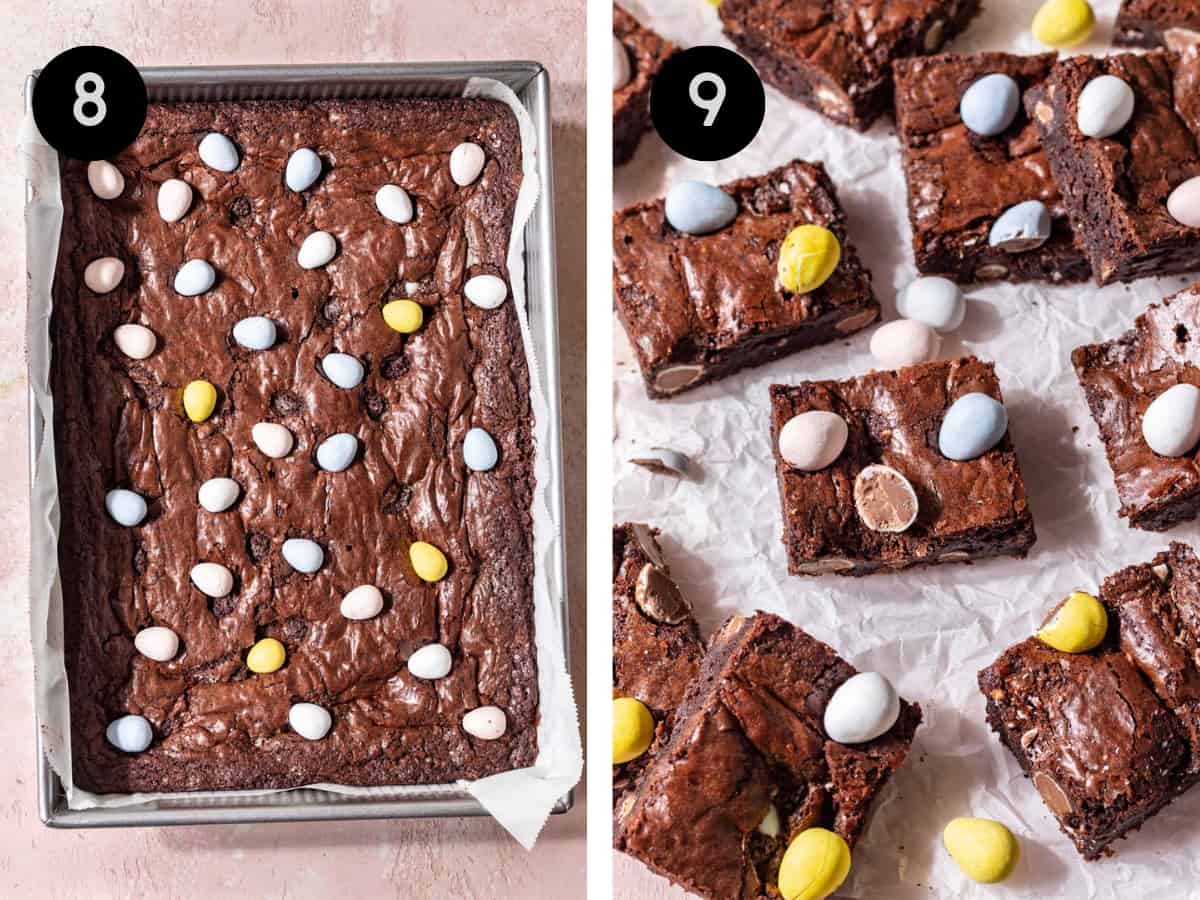 Cooked easter egg brownies in a pan. Then, cut into squares.