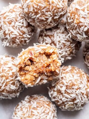 Lemon bliss balls coated in coconut.