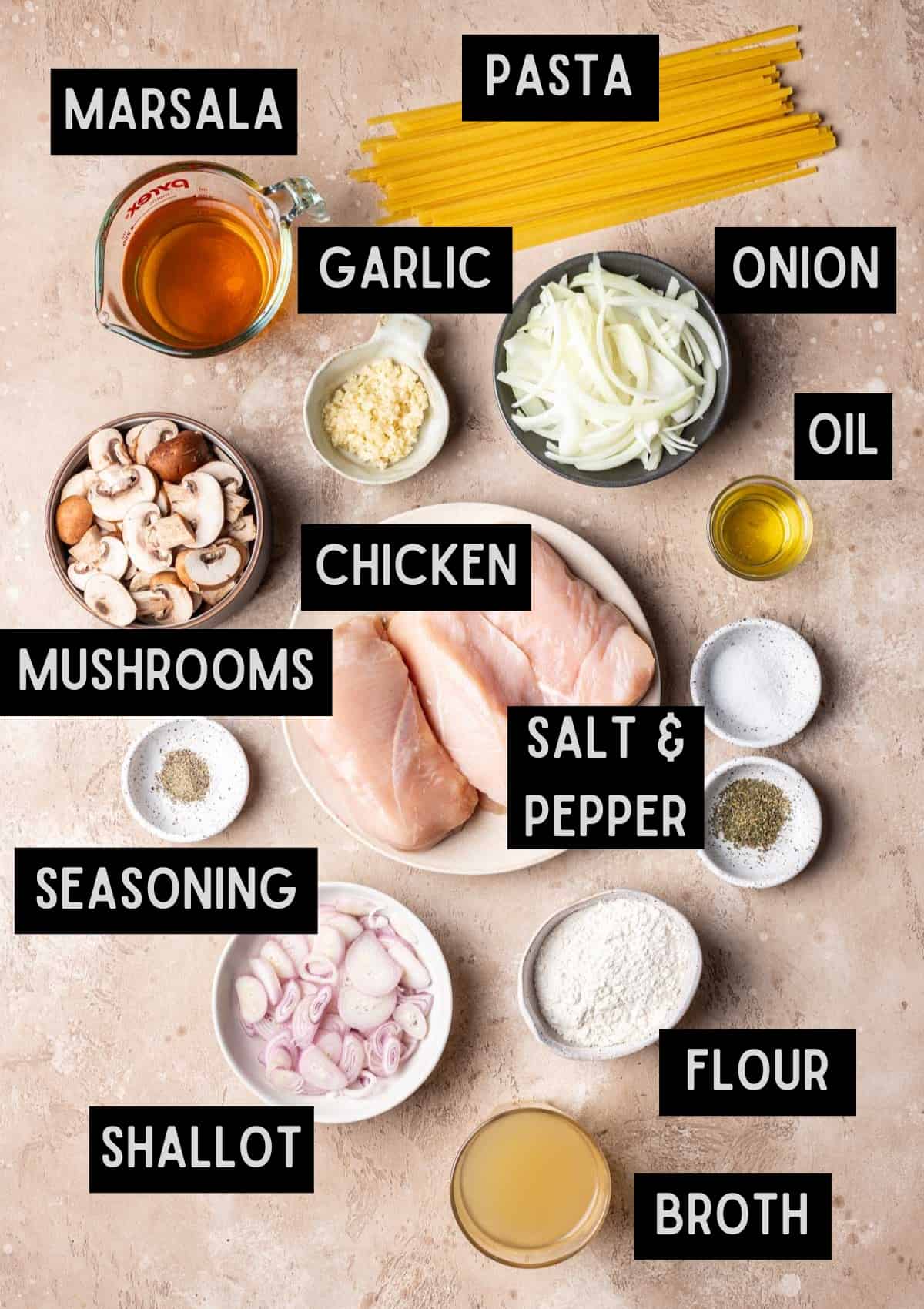 Labelled ingredients for chicken marsala fettuccine (see recipe for details).