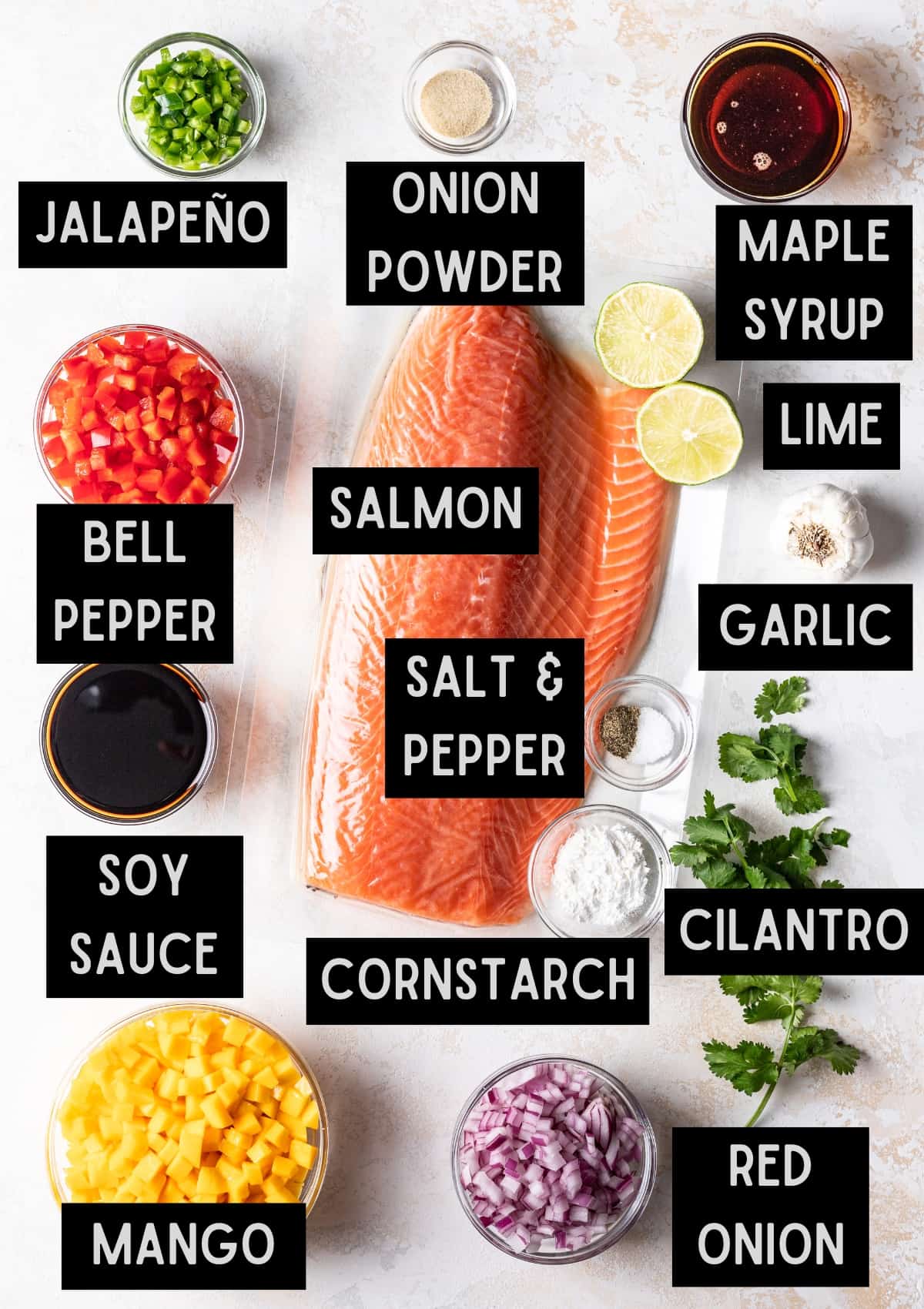 Labelled ingredients for salmon with mango salsa (see recipe for details).