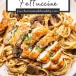 Pin graphic for chicken marsala fettuccine.