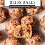 Pin graphic for peanut butter bliss balls.