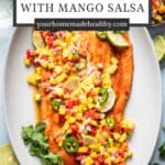 Pin graphic for salmon with mango salsa.