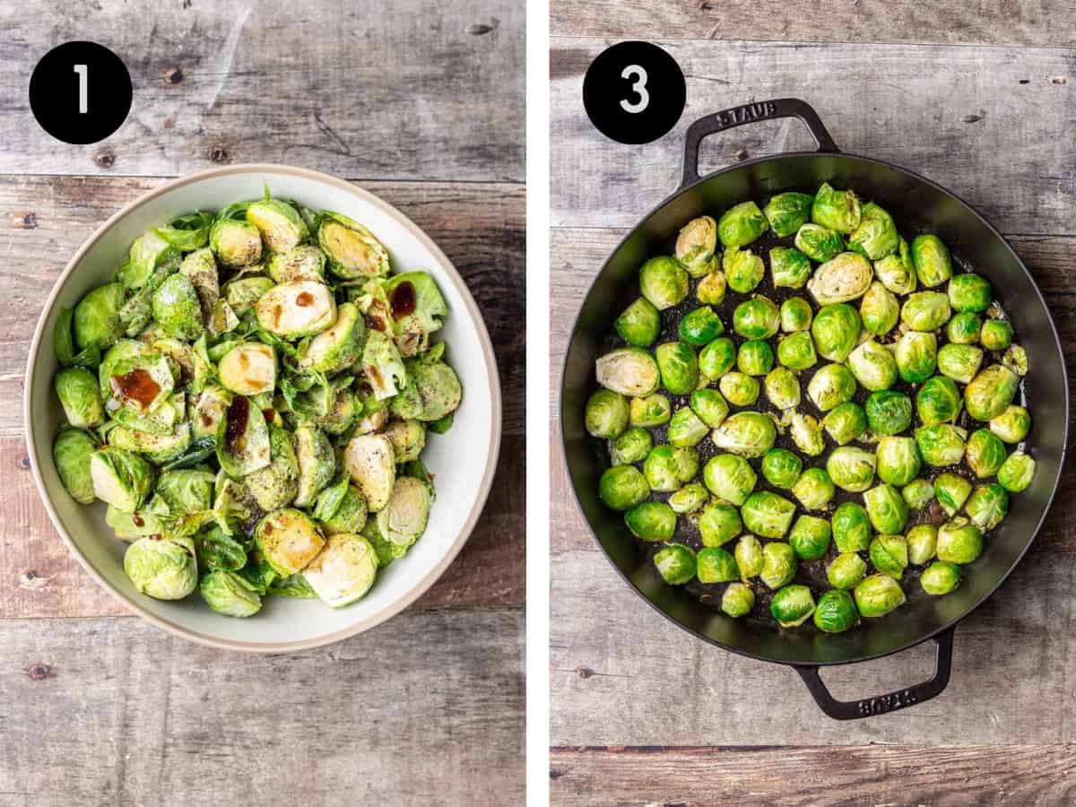 Brussels sprouts mixed in a bowl with seasonings. Then added to a large skillet, flat side down.