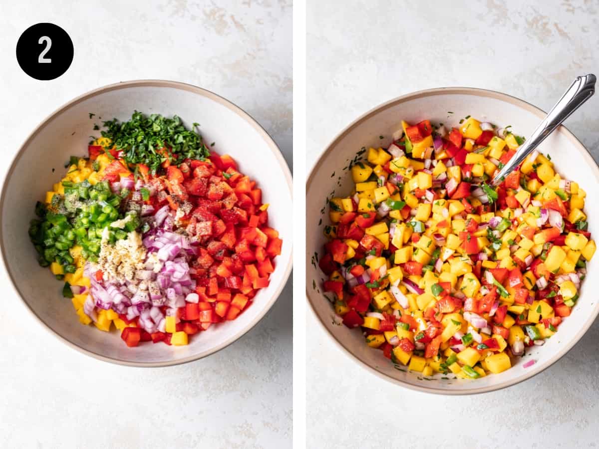 Mango salsa ingredients mixed in a bowl.