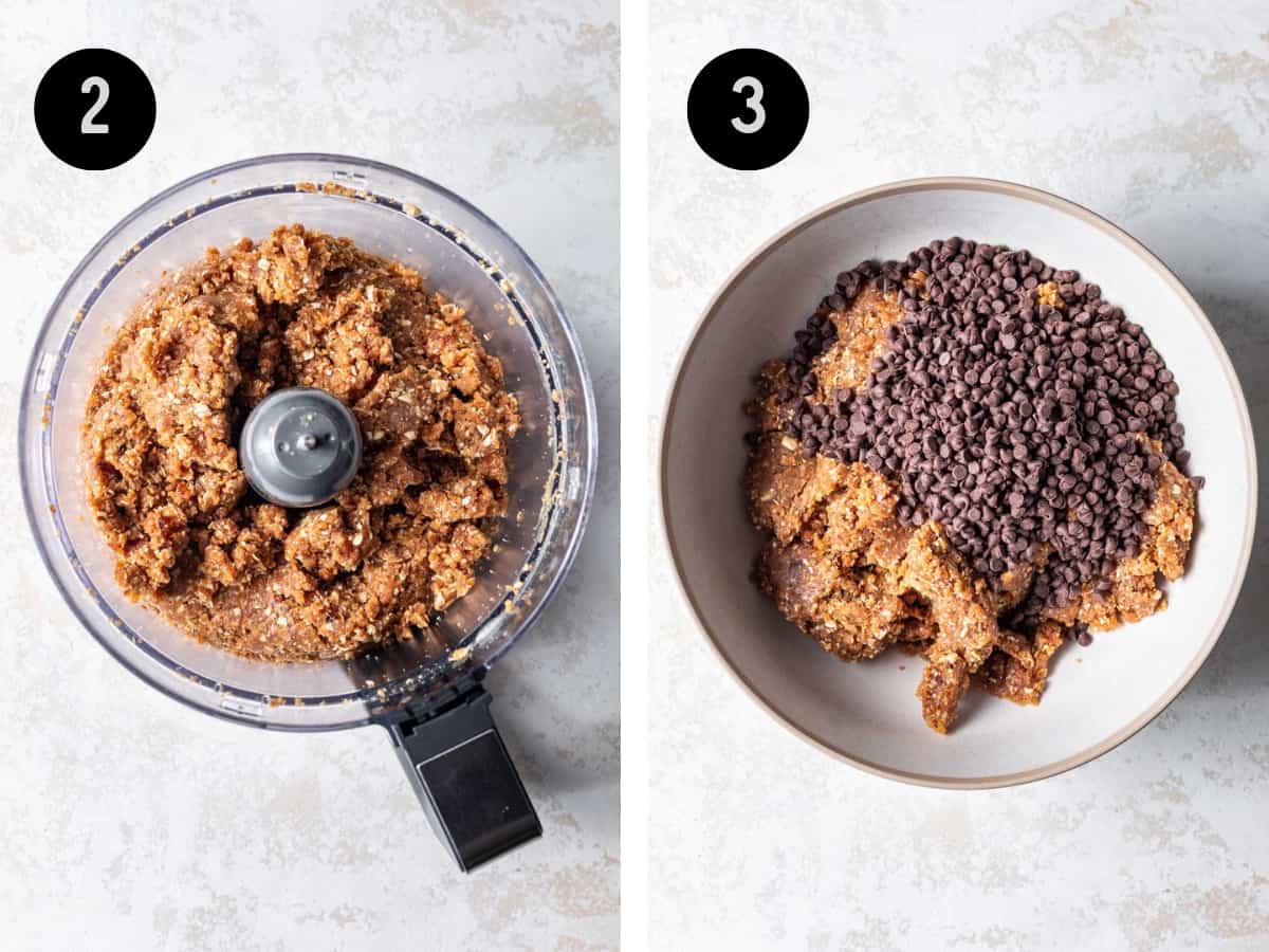 Ingredients blended with water in a food processor. Then added to a bowl with chocolate chips.