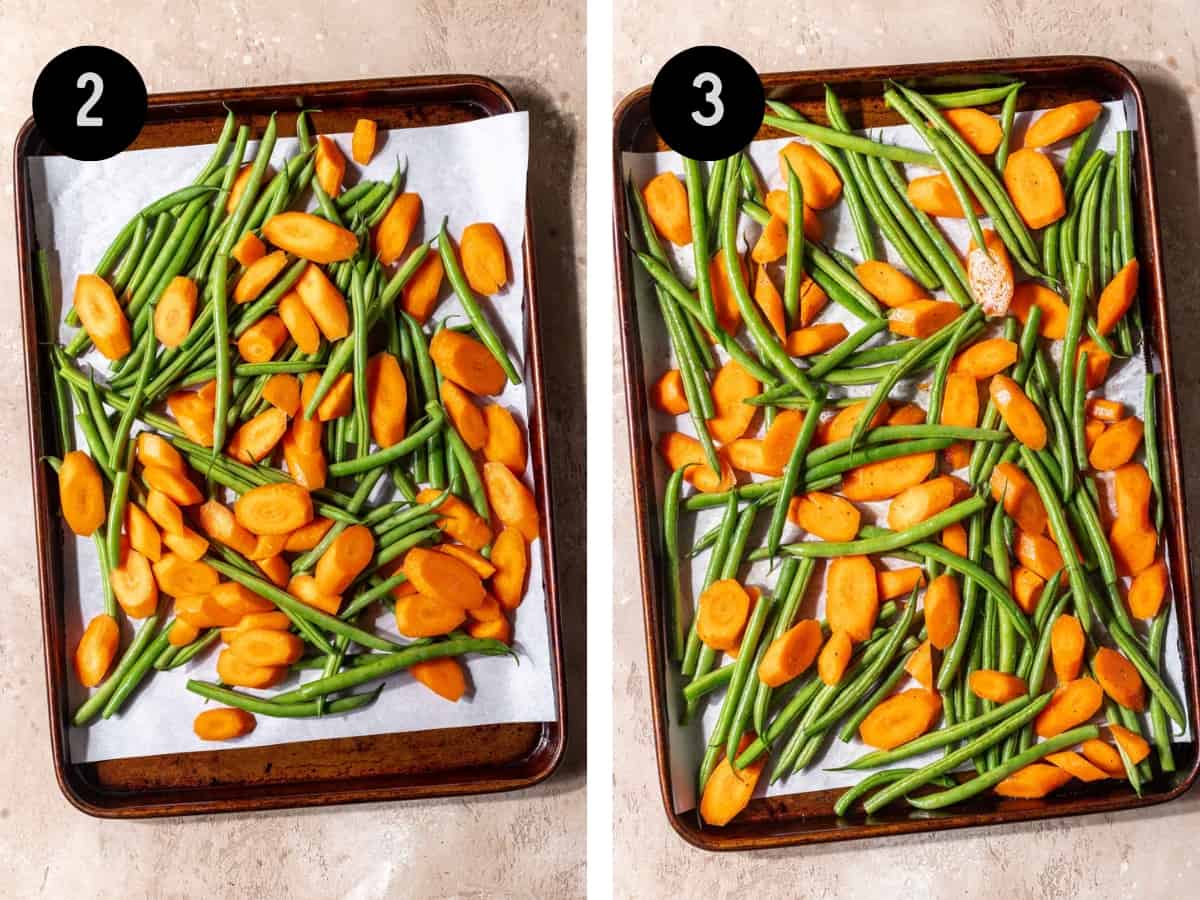 Green beans and carrots on a baking sheet, then mixed with oil, salt, and pepper.