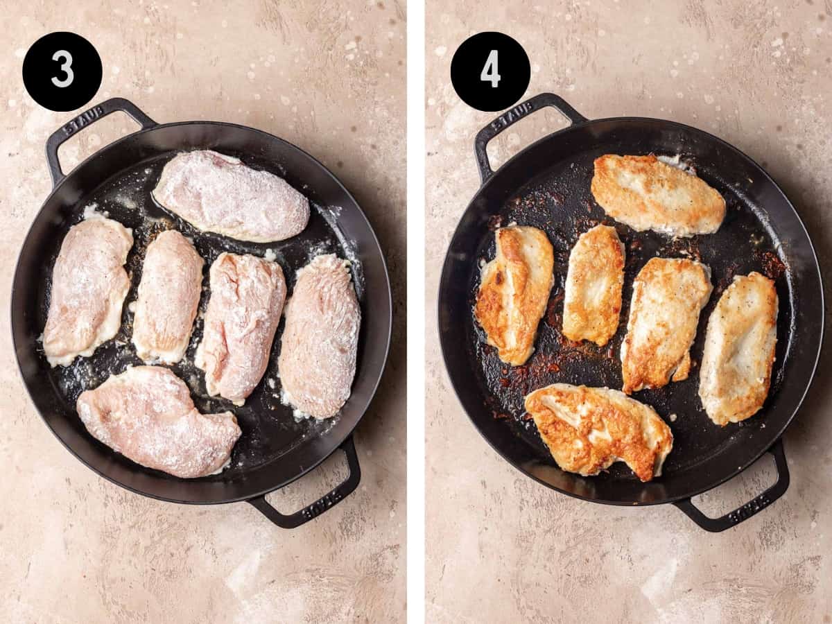 Flour coated chicken in a skillet. Then shown golden brown in a skillet.