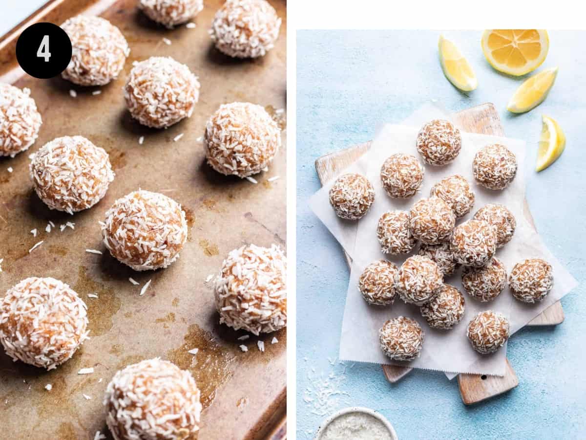 Lemon bliss balls rolled in coconut and placed on a cookie sheet.