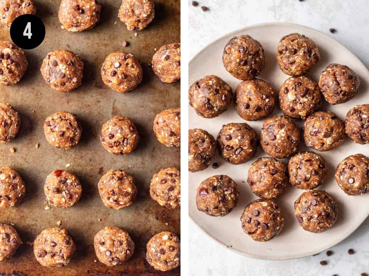 Peanut butter bliss balls formed into balls on a tray.