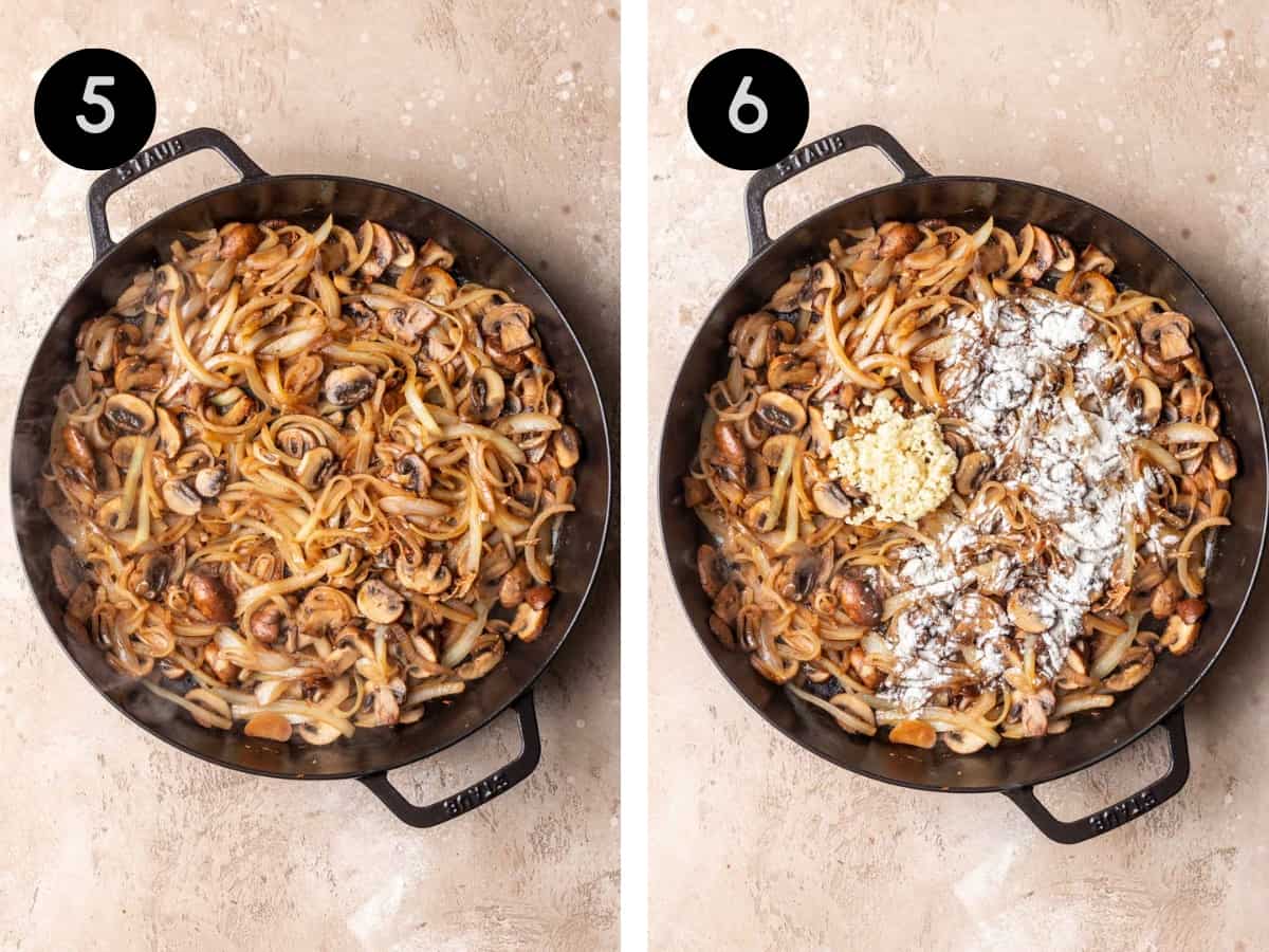 Onions, mushrooms, and shallots in a skillet. Then, garlic and flour added to it.