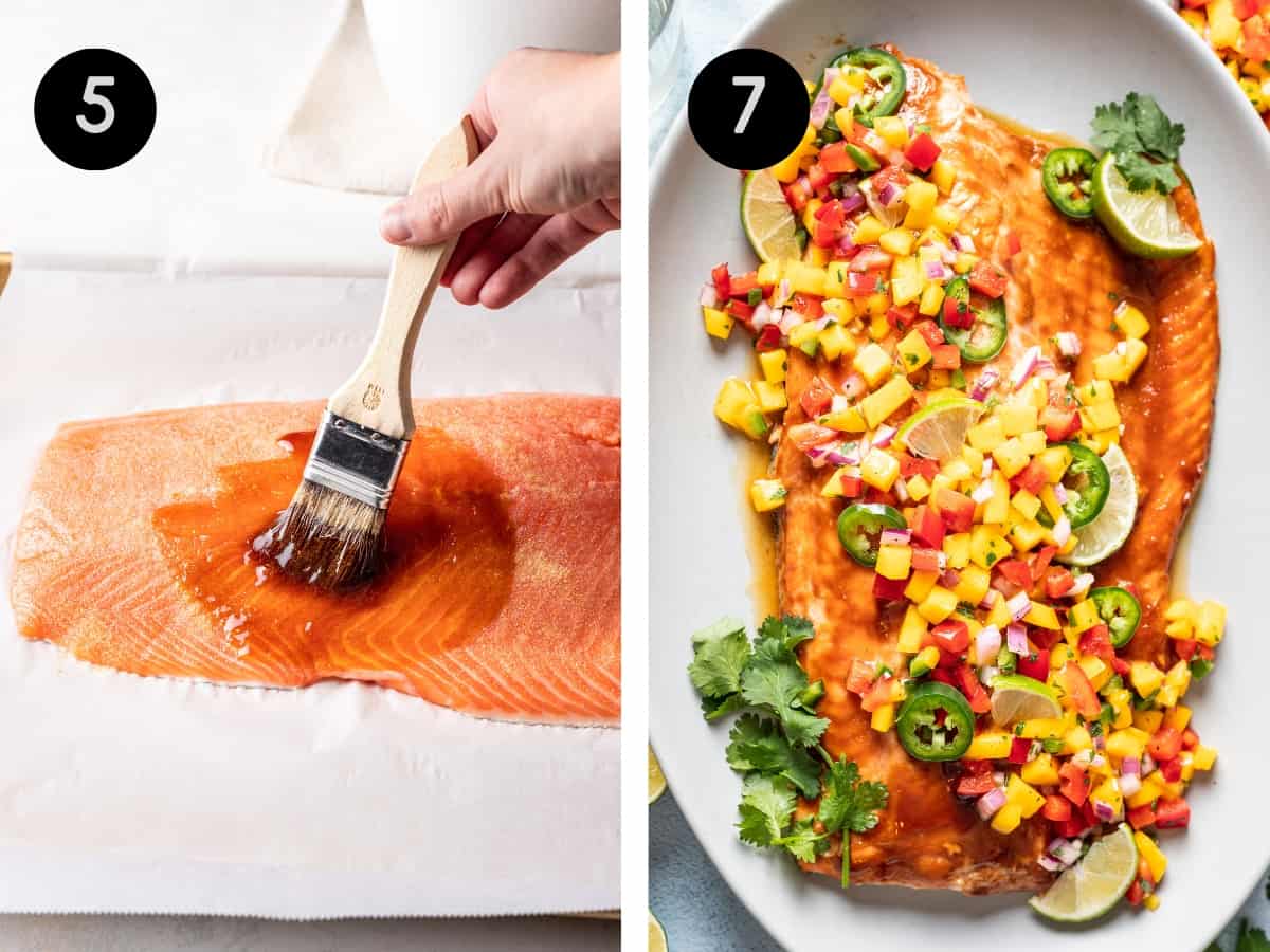 Brushing maple glaze on salmon before cooking. Cooked salmon on a platter with mango salsa on top.