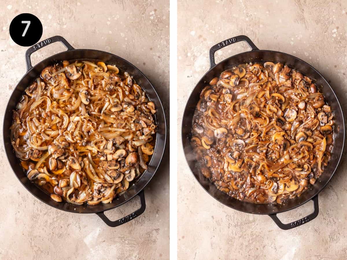 Marsala wine reduced in the skillet with the onions, shallots, and mushrooms.