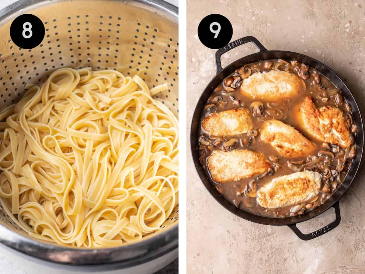 Cooked pasta in a strainer. Chicken added back into the skillet with the sauce.