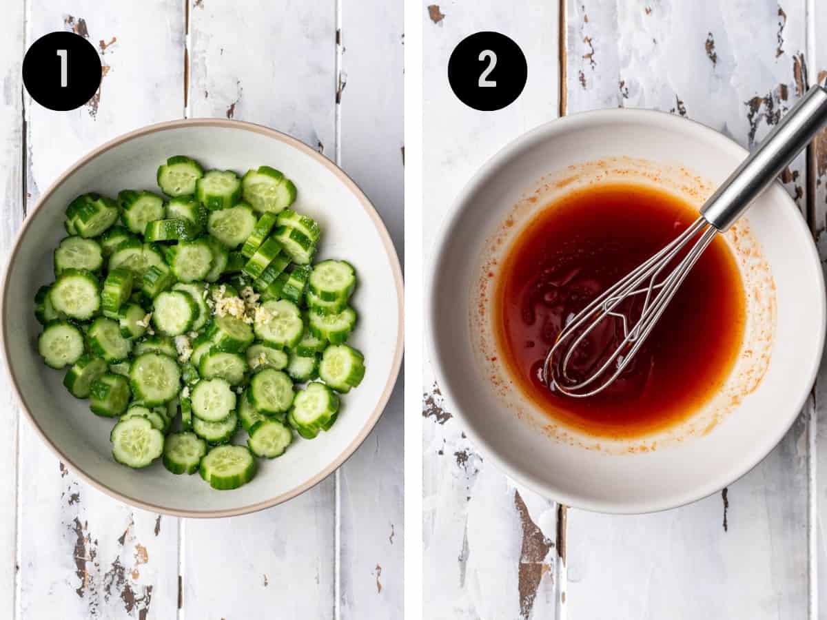 Cucumbers and seasonings in a mixing bowl. Dressing mixed together in another mixing bowl.